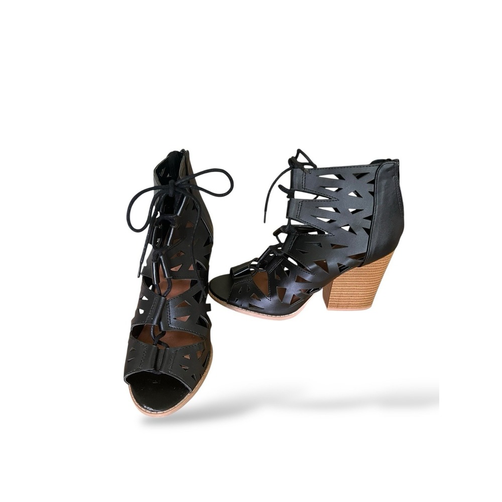 QUPID Peep Toe Shoe Black Ankle Lace Up Block Heels Size‎ 9 Sexy Cutout Design!